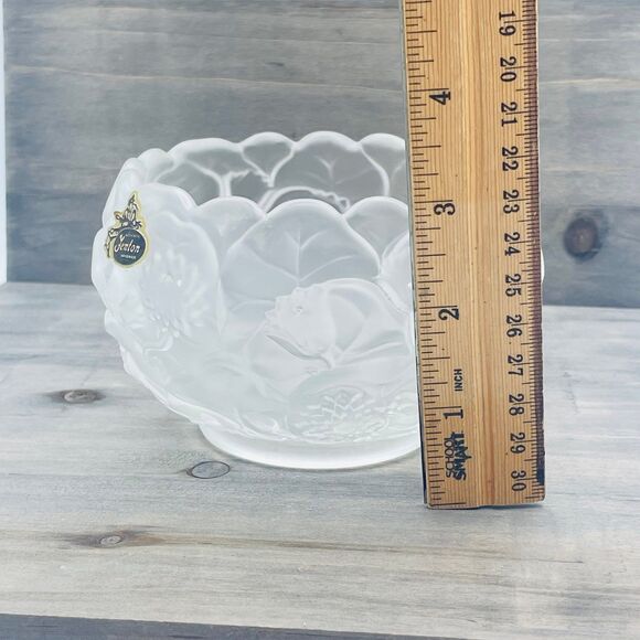 Frosted Satin Round Glass Rose Bowl FENTON Sticker Water Lily - Picture 9 of 10